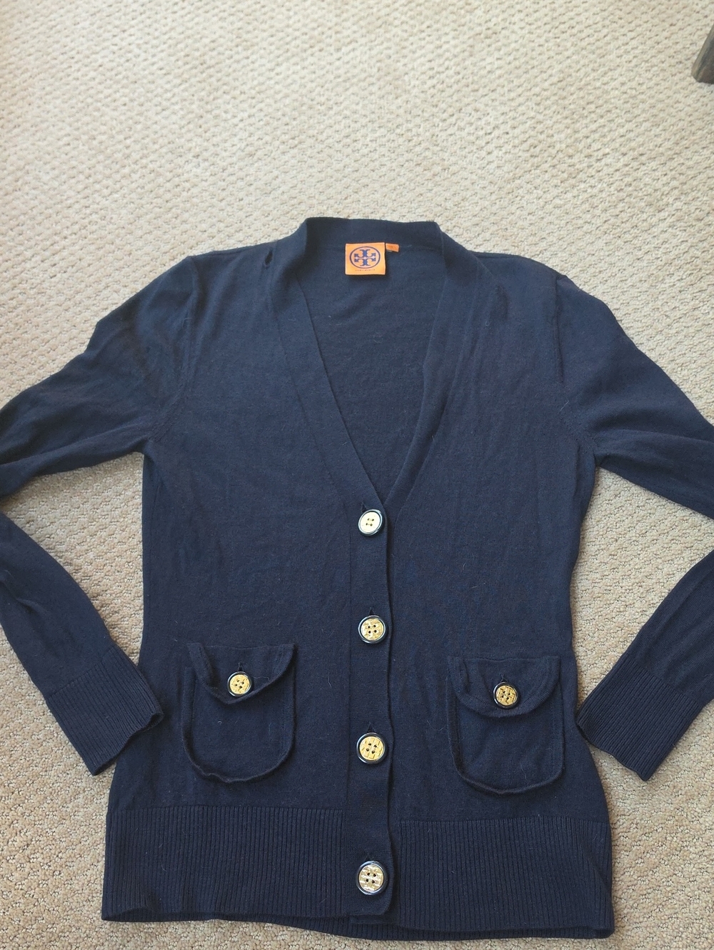 Tory Burch Navy Button-Front V-Neck Cardigan, SMALL
